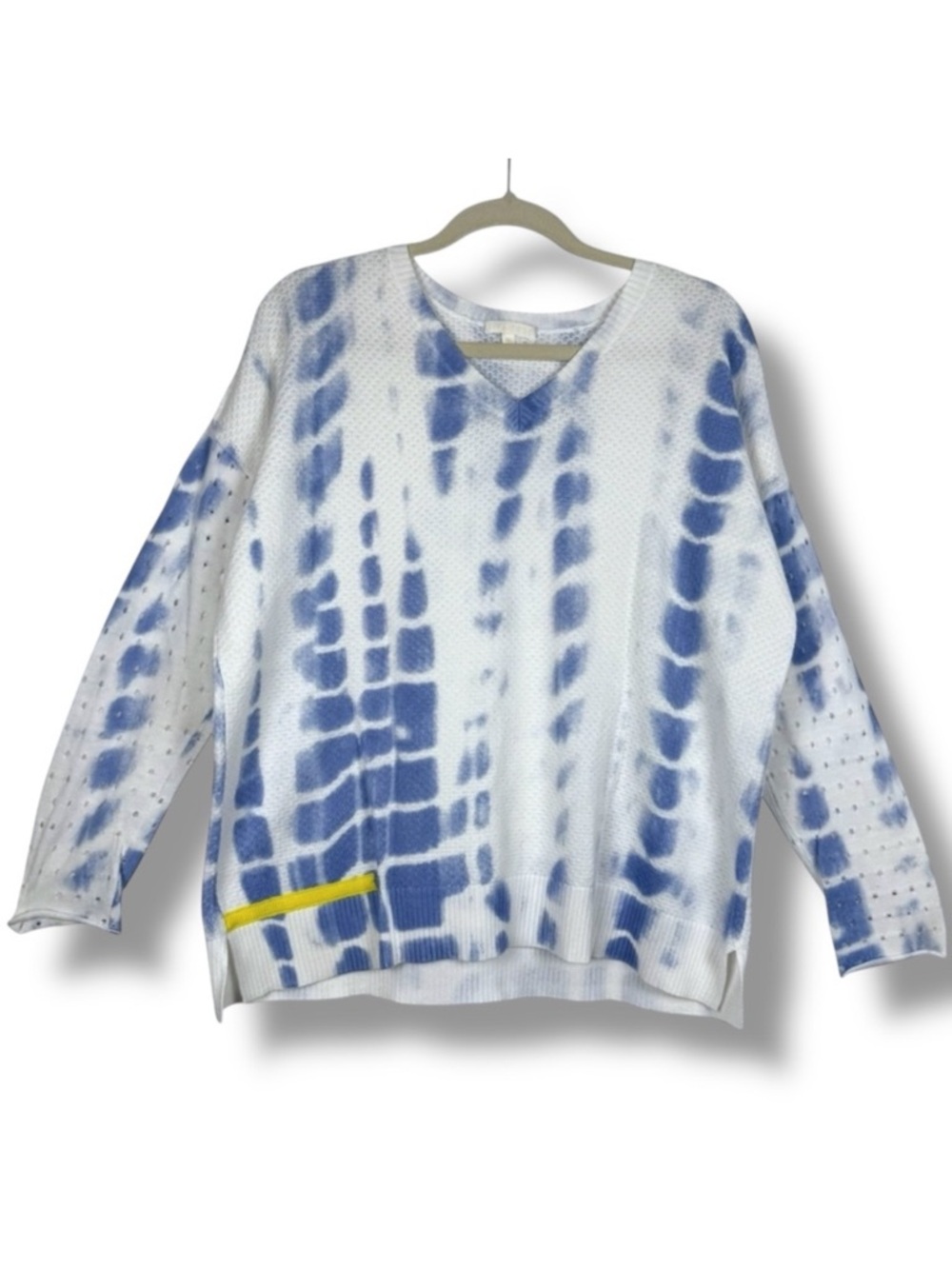 Lisa Todd To Dye For Tie Dye Perforated V Neck Knit Sweater Blue M